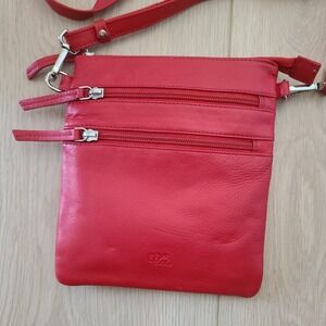 Mou Meraki Red Leather Crossbody Bag Floral Lining Multi Pocket‎ Festival Boho